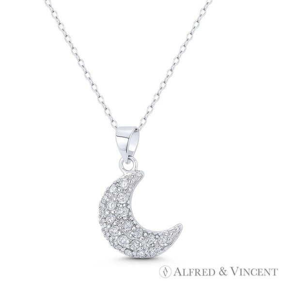 Crescent Quarter Moon CZ Crystal Celestial Charm Pendant in .925 Sterling Silver - Picture 1 of 1